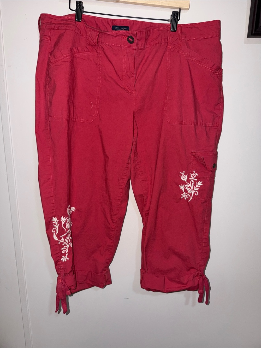 Tommy Hilfiger Red Embroidered Cargo Capris